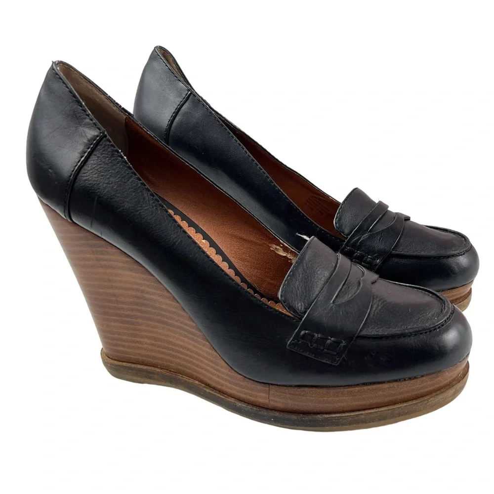 Lucky Brand June Black Leather Platform Wedge Penny Loafers Size 10 - Picture 1 of 13